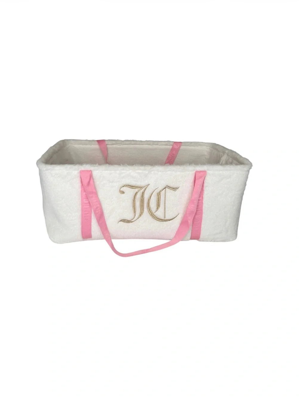 Juicy Couture Home XL Faux Fur Storage Caddy Tote Basket Bin White Pink Gold NEW